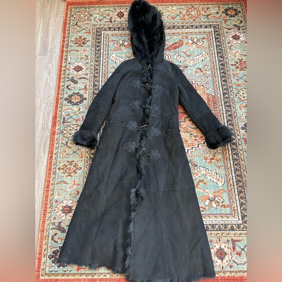 Vintage Ralph Lauren Black Shearling Fur Lamb Long Duffle Coat size Large - Picture 5 of 15